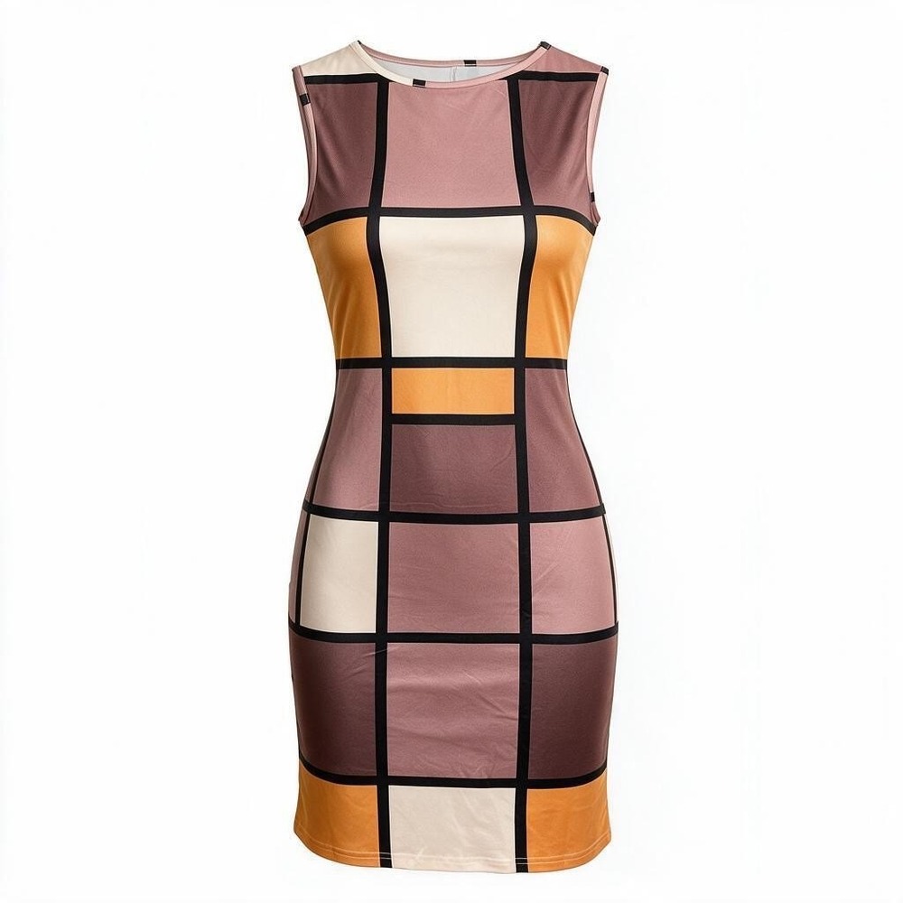 Women's Geometric Colorblock Sleeveless Midi Dress Orange Mauve Art Print Large